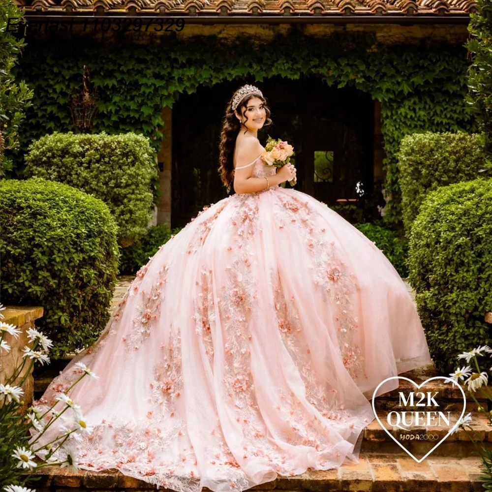 

EVLAST Princess Blush Quinceanera Dress Ball Gown 3D Floral Applique Beading Mexican Corset Sweet 16 Vestidos De 15 Anos TQD802