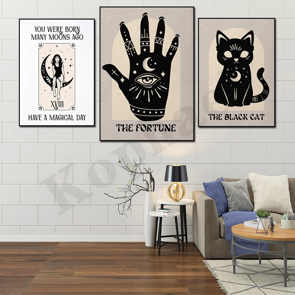 Abstract Black Cat Tarot Style Boho Mystic Spiritual Celestial Sun And Moon Decoration Poster