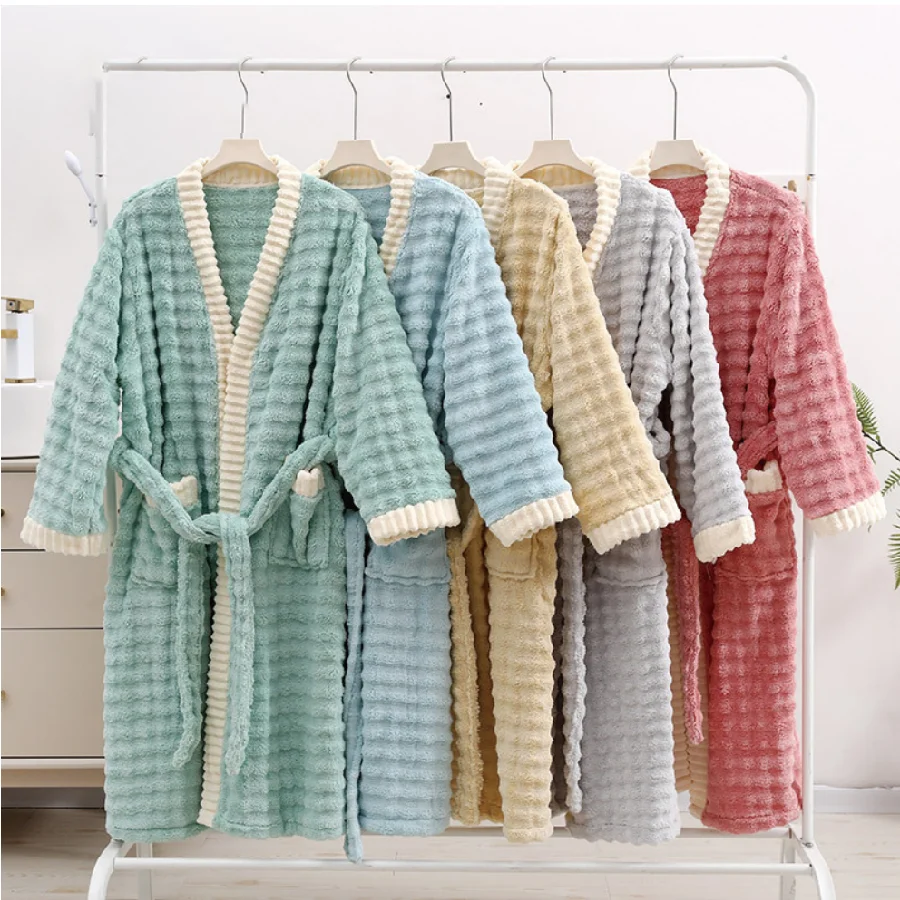 Wave Cloud Pattern Soft Absorbent Coral Velvet Bathrobe Women Winter Warm Robe Bath Robe Nightgown Home Clothes