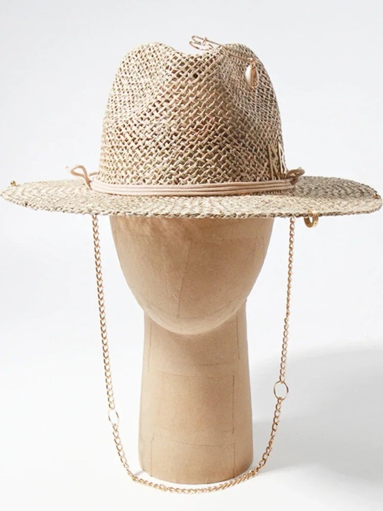 New Hot sales New European and American Style Pin Design Straw Hat Female Hollow Letter Sun Hat Fashion Metal Chain Sunshade Hat