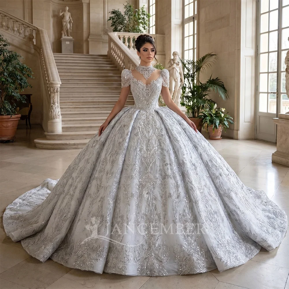 

Customized New Fashion High Quality Bridal Organza Short Sleeves Court Train Wedding Dress 2026 Lace Up Back платье сва