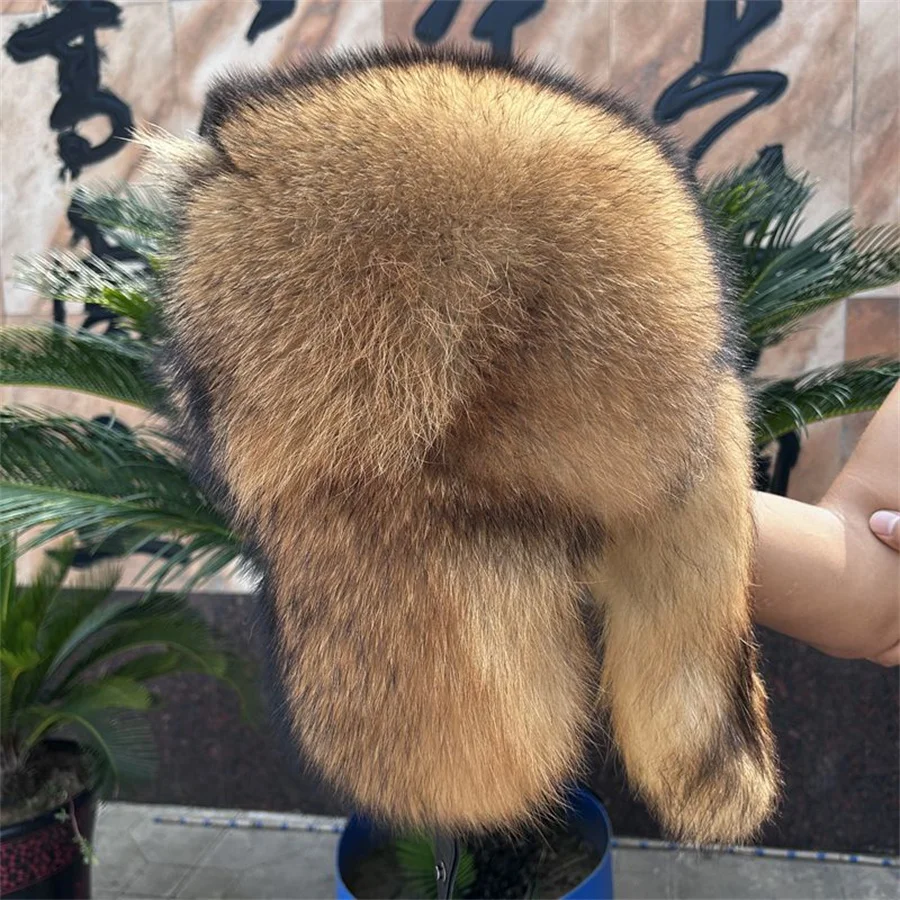 Halloween Outdoor Hat Real Fur 100% Raccoon Fox Skin Russian Hats Pilot Bombers Full Mao Men\'s Hat Ushanka Winter Ear Guard Hat