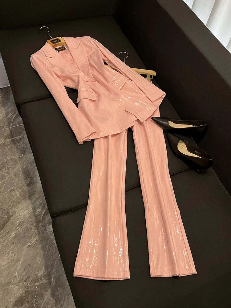 

Pink Sequin Casual High Waist Women's Suiting Jaet And Pants Set Ele Autumn Winter Faion Outerwear Ensemble