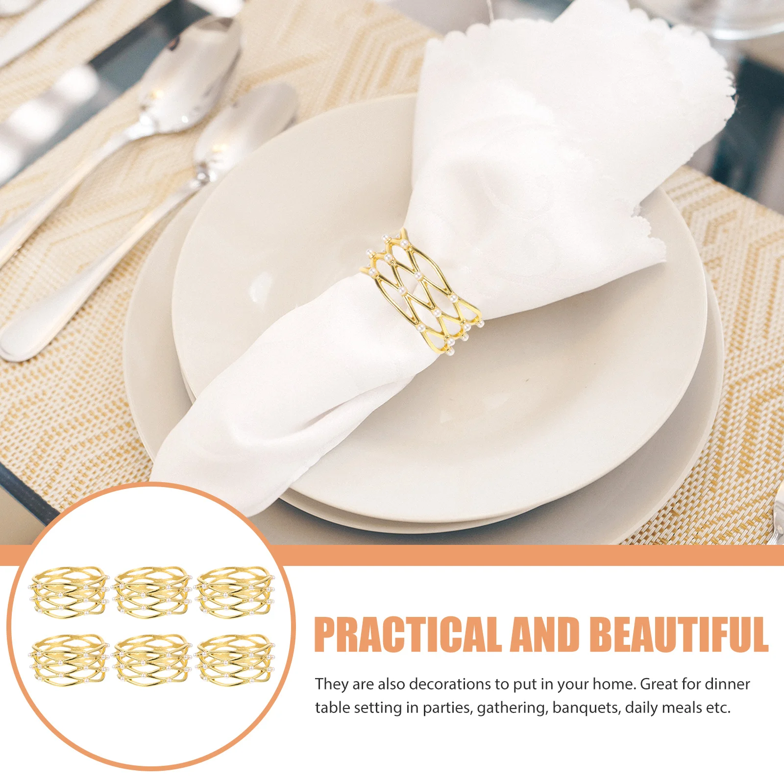 

6 Pcs Napkin Buckle Elegant Rings Metal Table Delicate Banquet Pearl Decorative Alloy
