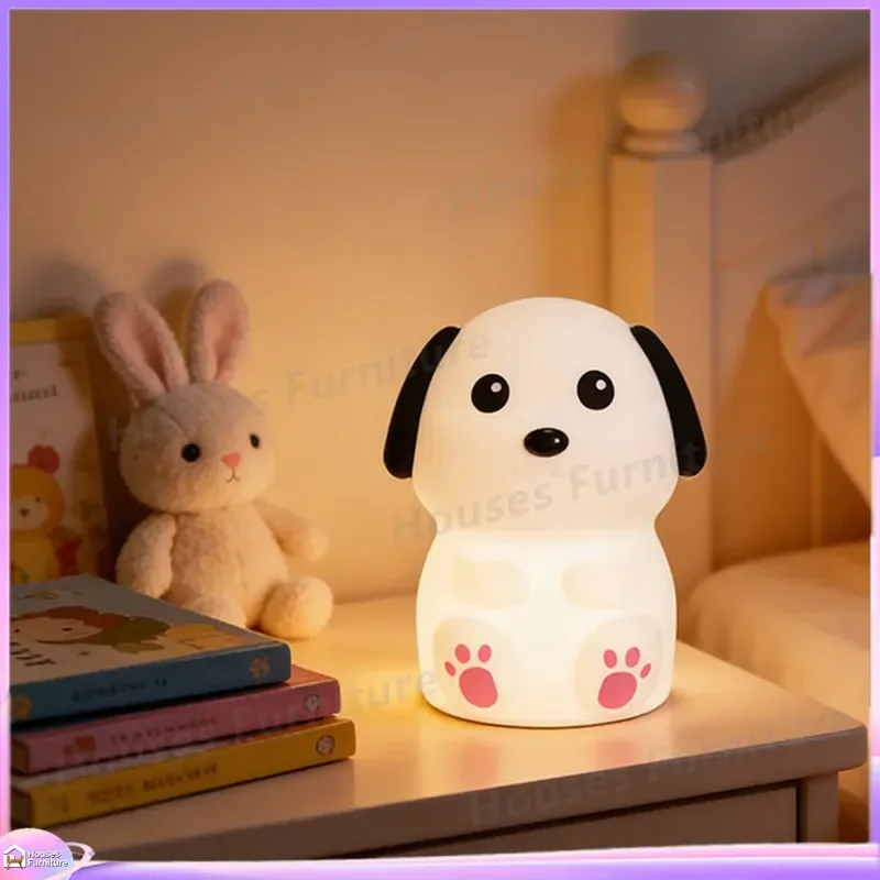 Cute Puppy Silicone Night Light Soft LED Sleep Lamp Creative Gift for Kids Bedroom Dormitory Decor Rechargeable Touch Control
