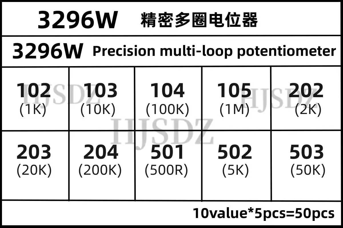 Imagem -05 - Jogo Variável do Potenciômetro do Resistor Aparador do Multiturn 3296w Elevada Precisão 500r 1k 2k 5k 10k 20k 50k 100k 200k 1m Novo 50 Peças