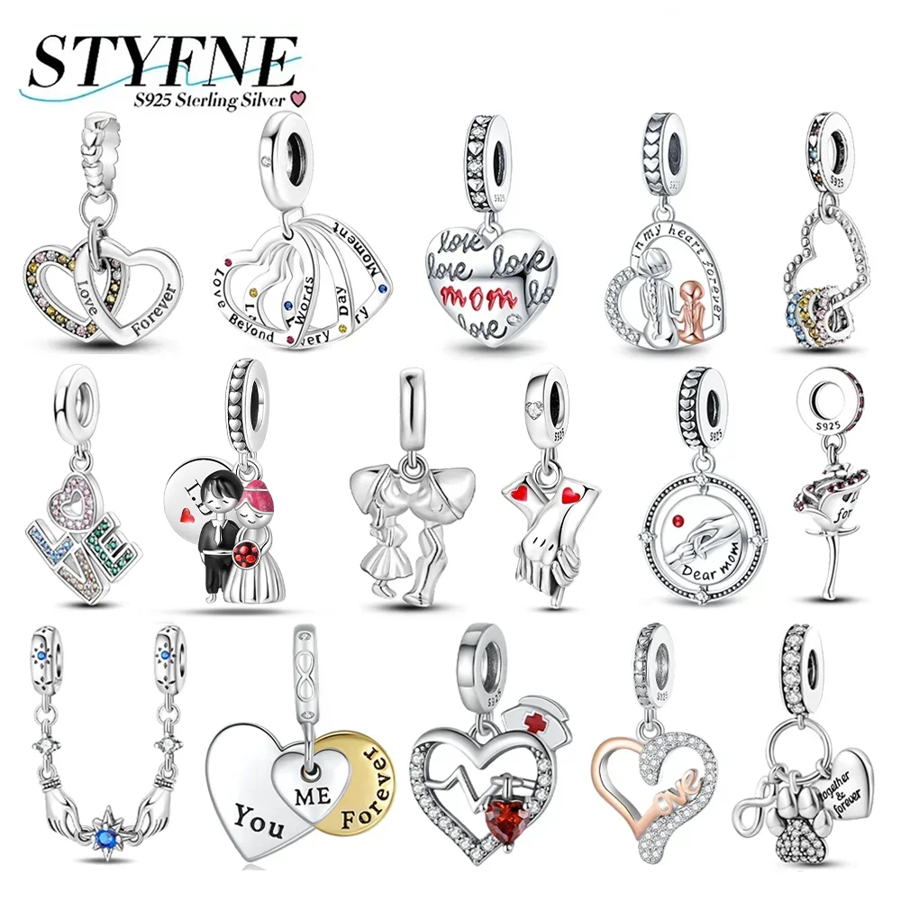 

Original Charms 925 Silver Zircon Heart-shaped Beads Love Letter Romantic Couple Pendants Fit Bracelets DIY Jewelry Women Gift