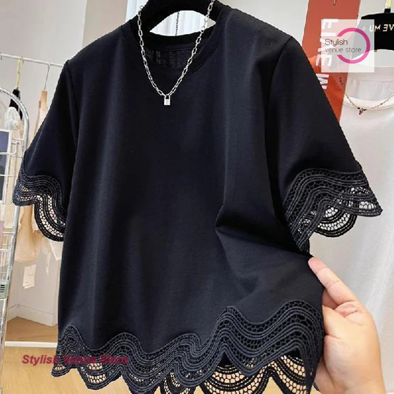 French Plus Size Fashion Design Lace Stitching Short Sleeve T-Shirt Women's Summer New Casual Loose Slim Joker Women Clothes