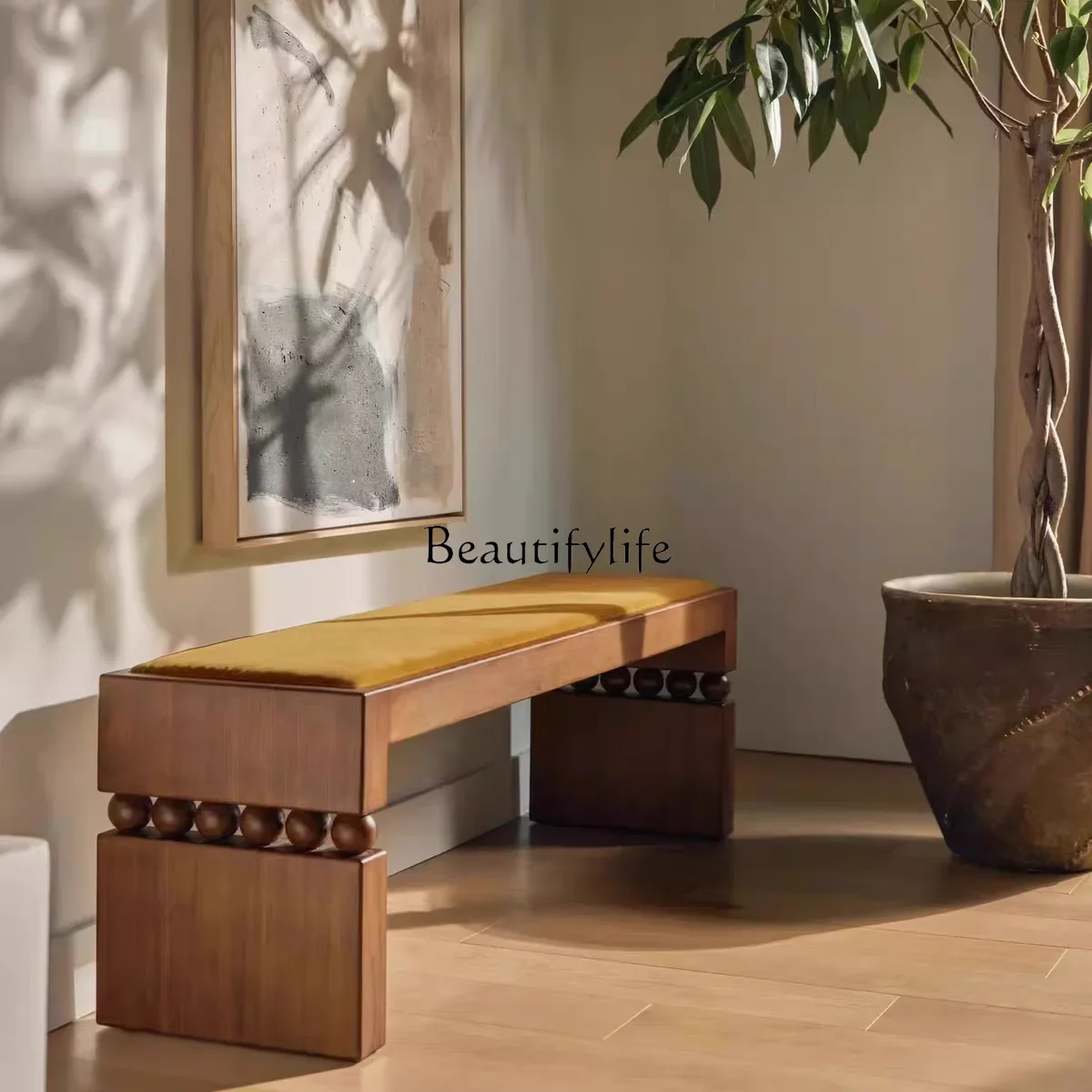 

03 Medieval style bedroom bedside stool retro long solid wood cloakroom shoe changing stool