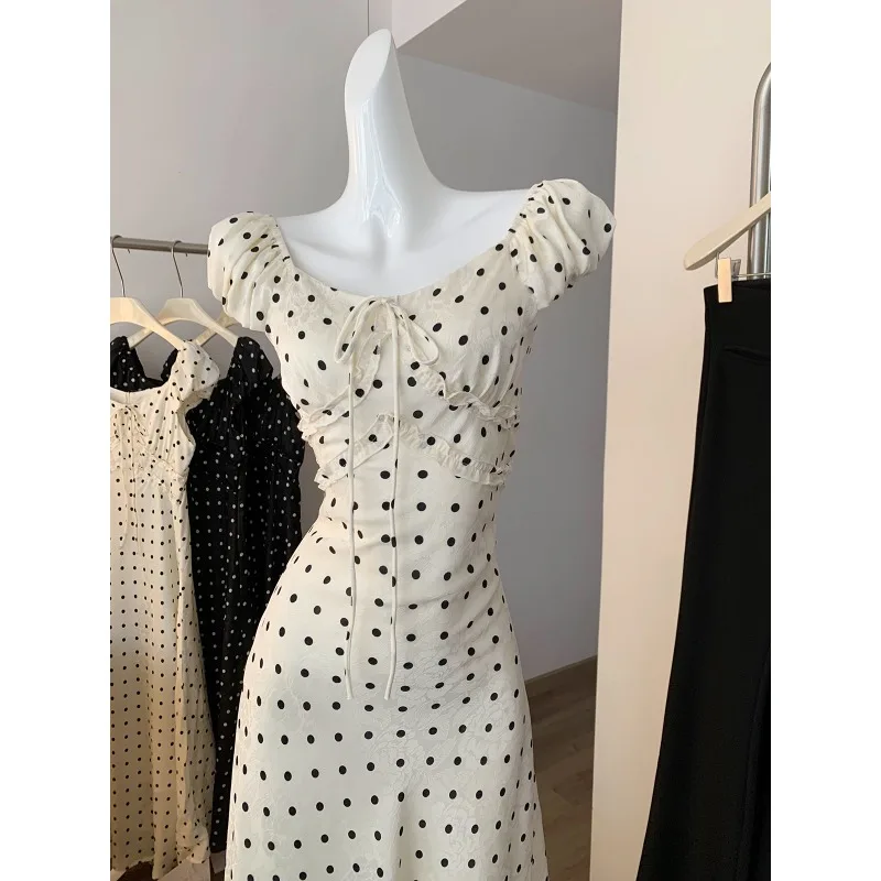 Robe élégante à manches courtes pour femmes, Style français, jupe longue amincissante, col à volants, à pois, été