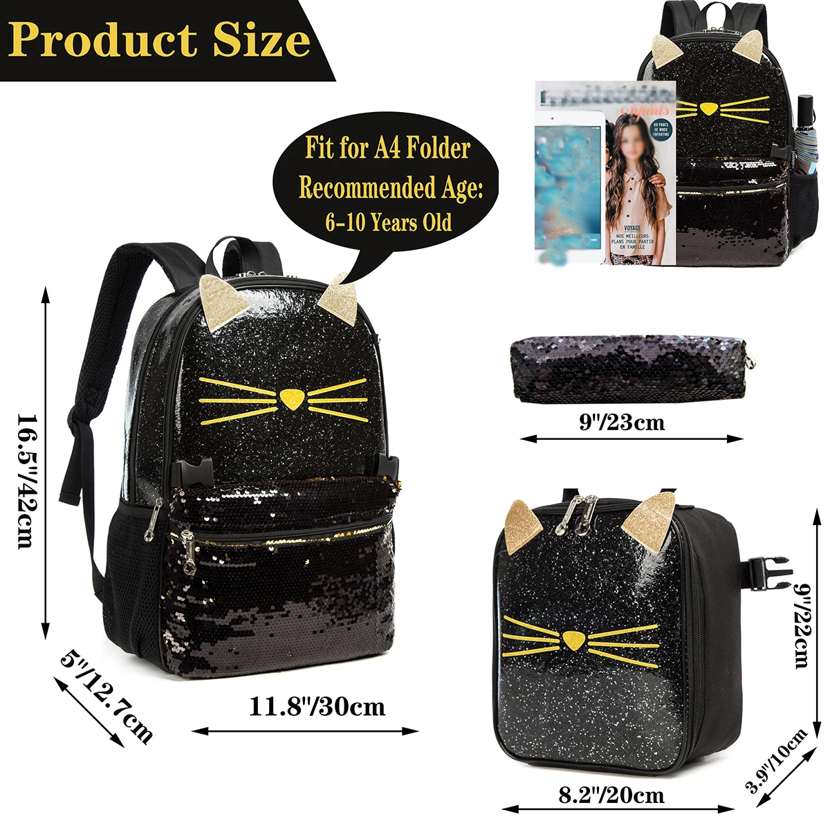 3PCS Cute Animal Series Sequin Backpack with Lunch Bag and Pencil Bag Bookbag for Travel Study the Best Gift for Girl