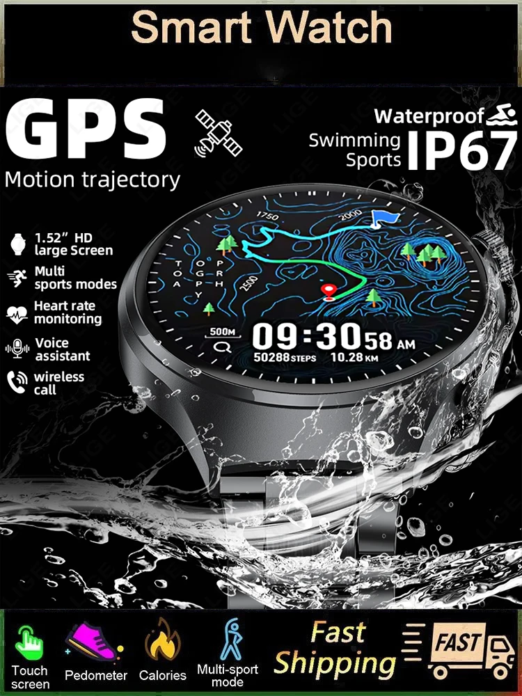 LIGE nouvelles montres intelligentes GPS Sports de plein air Fitness Smartwatch moniteur de fréquence cardiaque Bracelet Assistant vocal Bluetooth montres d'appel