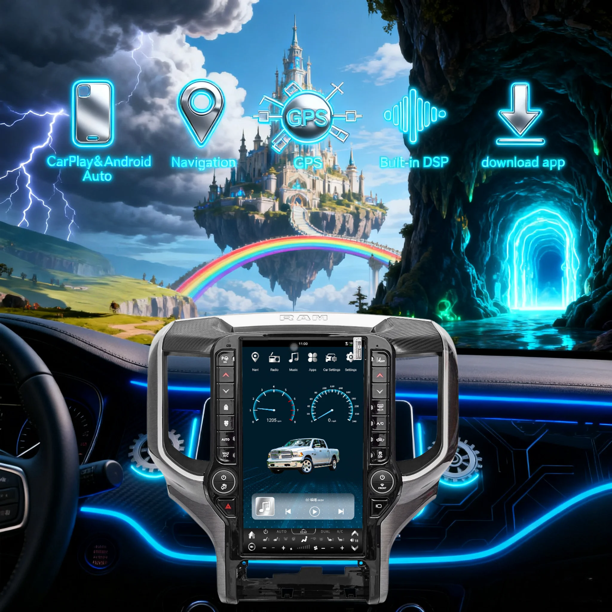 13.6 بوصة Andro14 ل دودج رام 1500 2500 3500 2019-2022 نظام تحديد المواقع والملاحة بلوتوث راديو السيارة مشغل وسائط متعددة Carplay السيارات