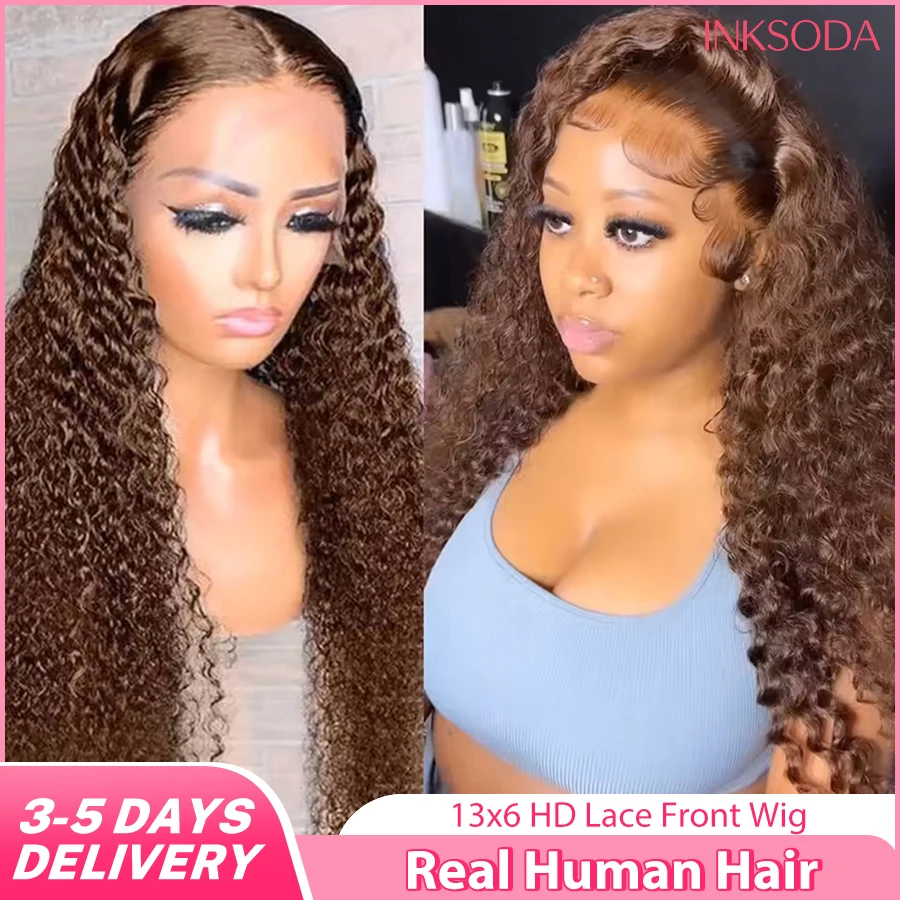 

Парик из натуральных волос 220% плотности, шоколадно-коричневый, глубокие кудри, водная волна, 13x6 HD прозрачный кружевной фронтальный парик, предварительно выщипанные волосы