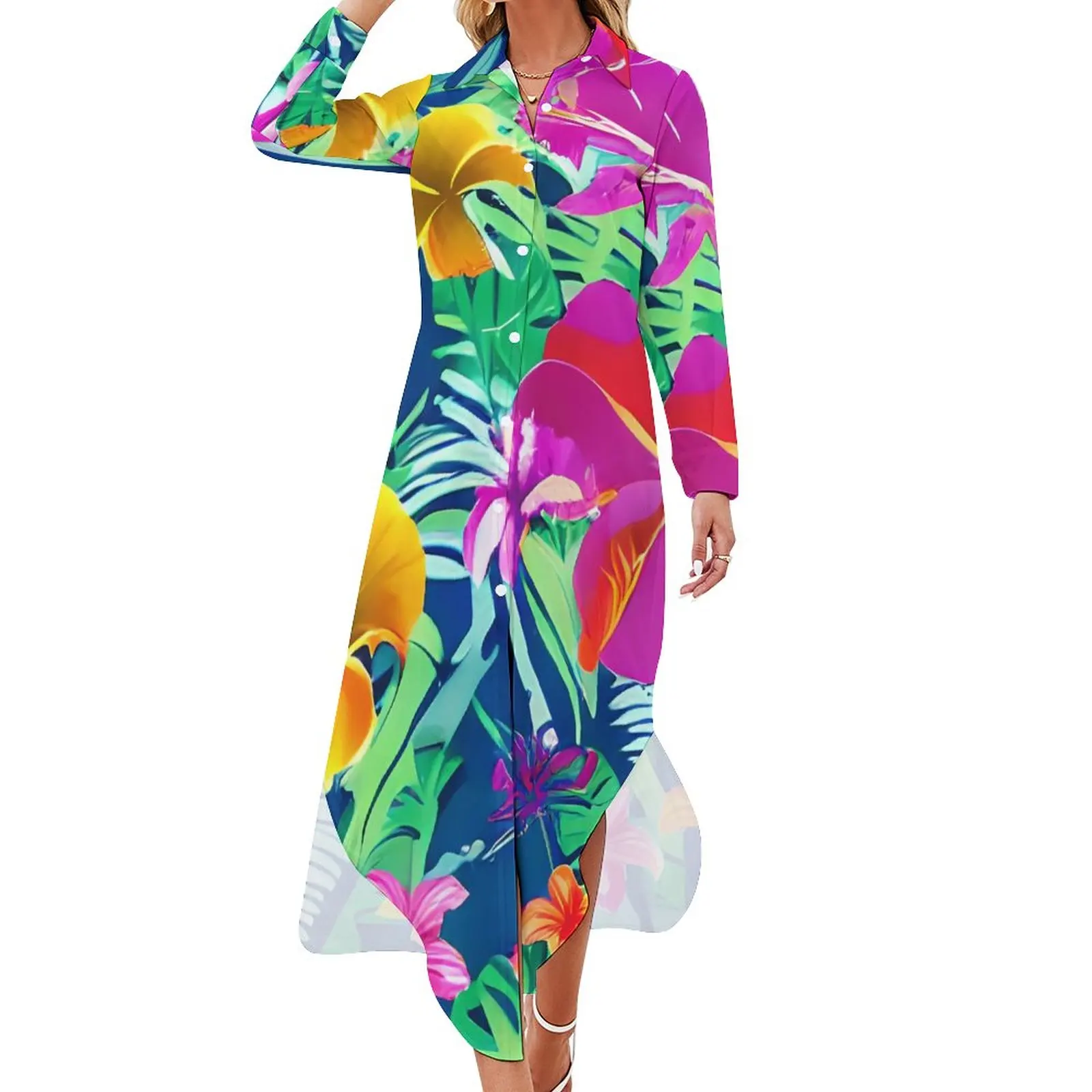 Tropical Florals Casual Dress Colorful Flowers Street Wear Dresses Long Sleeve Elegant Women V Neck Oversized Chiffon Dress