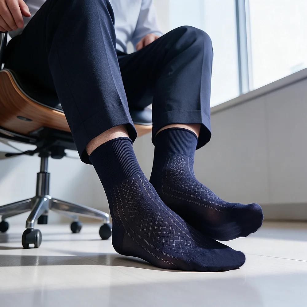 Men Dress Socks Thin Silk Breathable Diamond Argyle Business Formal Mid-Calf Suit Socks for Men