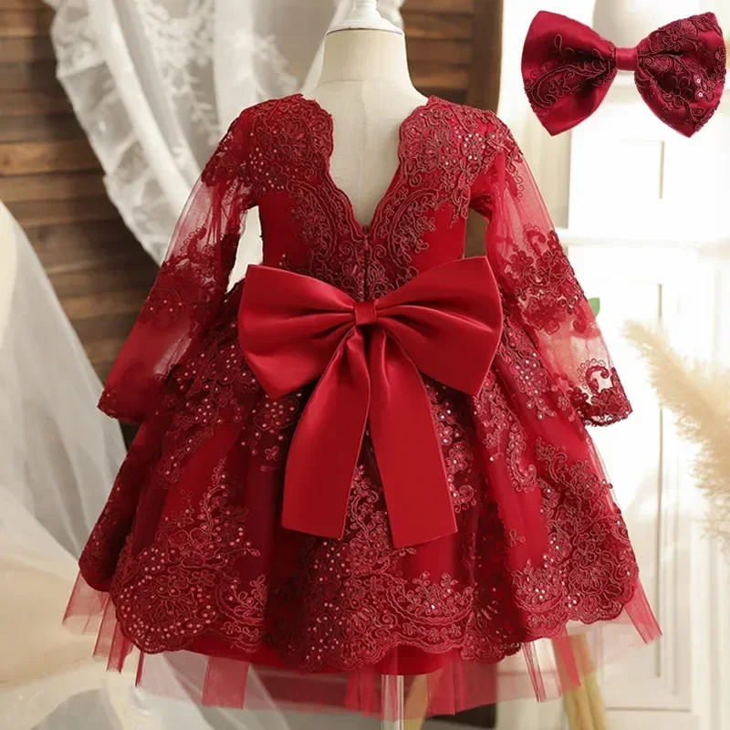 Backless Bow Baby Dresses for Girls Birthday Party Tutu Gown 1-5Y Toddler Kids Embroidery Flower Elegant Wedding Baptism Dresses