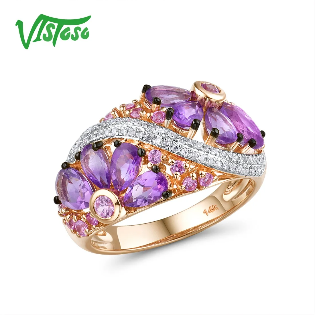 VISTOSO Genuine 14K Rose Gold Ring For Women Shimmering Diamond Fancy Pink Sapphire Amethyst Fantastic Wedding Band Fine Jewelry