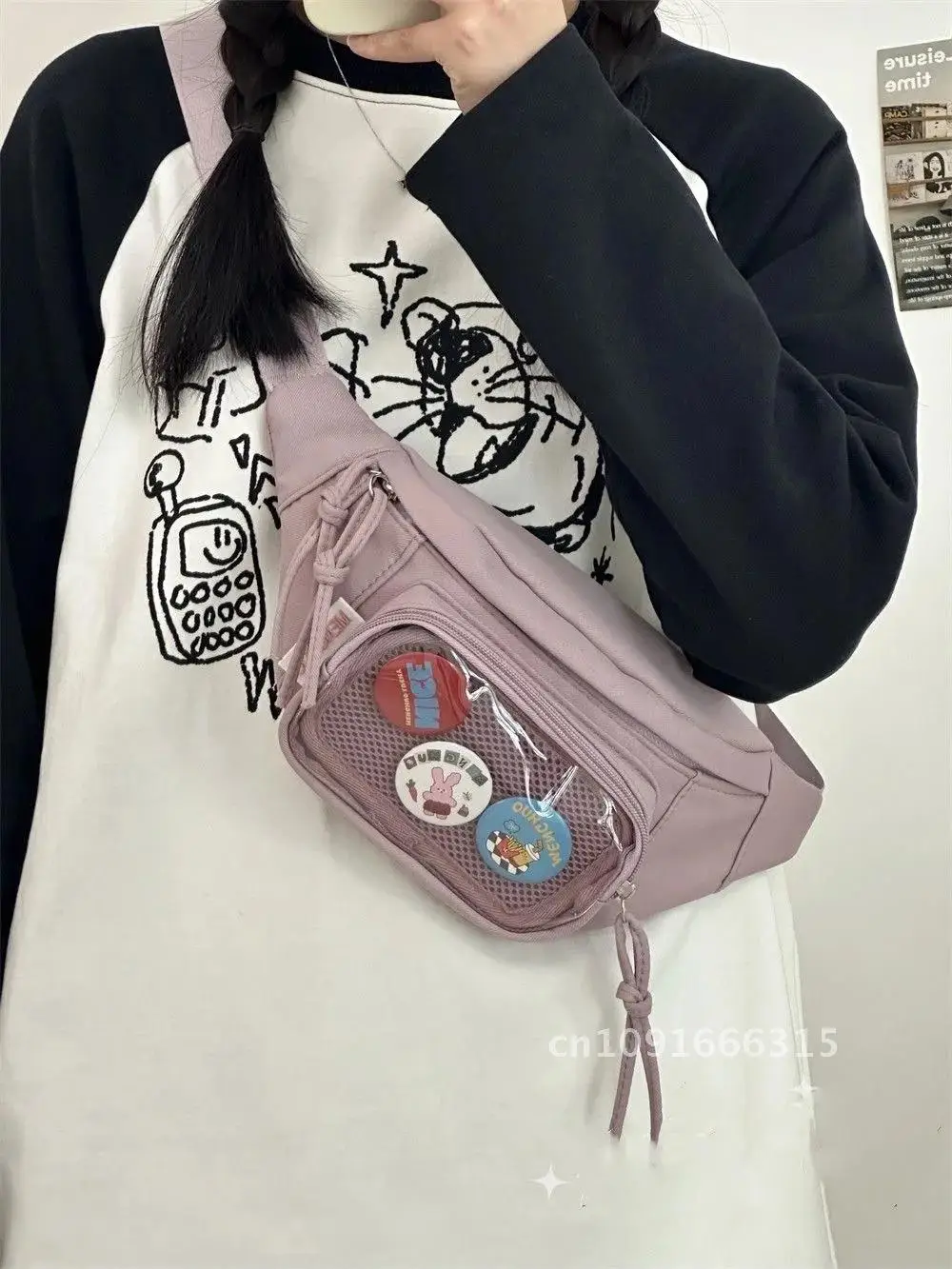 Japanese Kawaii Itabag Girls Transparent PVC Chest Bag For Women With Badges Display Plate Waist Bag Women Purses and Handbags