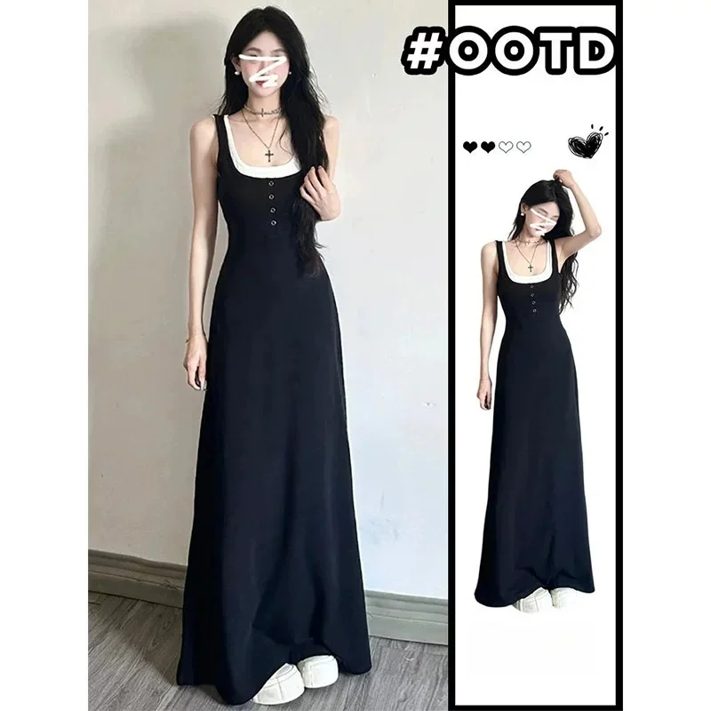 Women Black White Fake Two Piece Maxi Dress Sleeveless Button Front Knit Long Dress Slim Fit Casual Y2K Summer