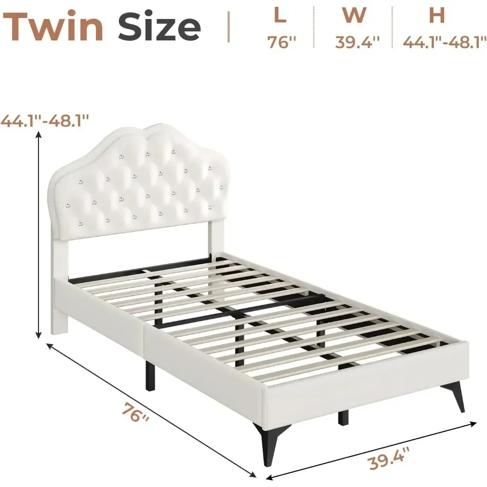 

Twin Bed Frame with LED Lights, Modern Upholstered Platform Princess Bed with Adjustable Headboard for Girls, White Twin Beds
