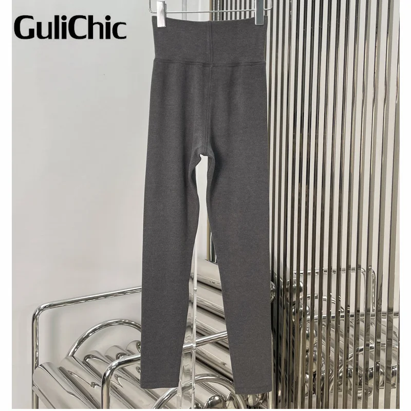 12.16 GuliChic Women's High Waist Slim Comfortable Keep Warm Leggings Solid Color All-Matches Casual Trousers