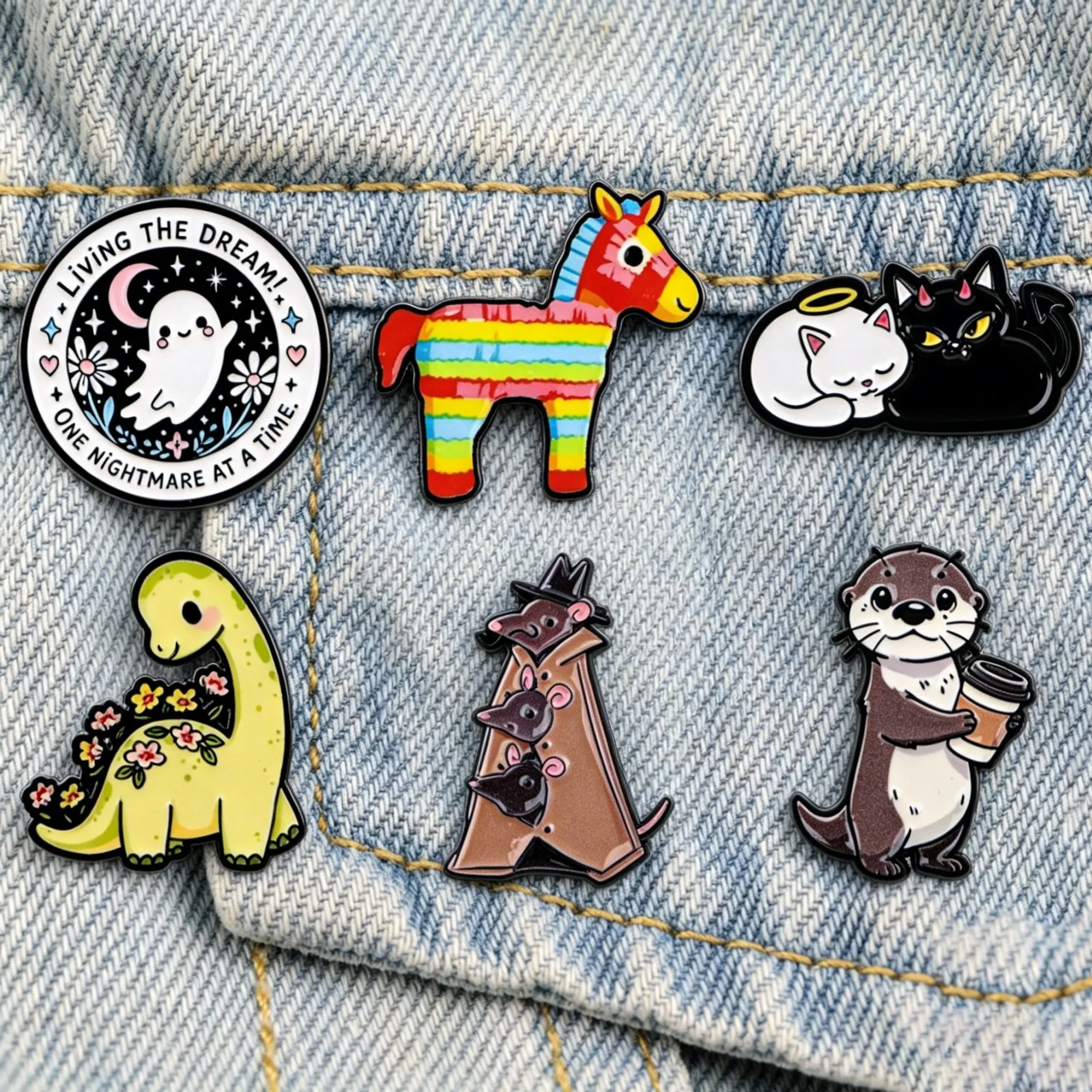 Cute Animal Enamel Pins Ghost Cat Dinosaur Otter Mouse Brooches Funny Lapel Pins for Jackets Jewelry Clothing Decoration