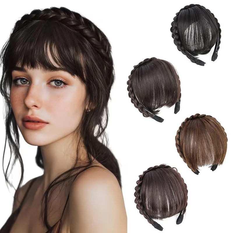 Synthetic Headband Bangs for Women Braided Hairband with Fringe Bangsd Hairpiece Natural Looking Daily Hairstyle