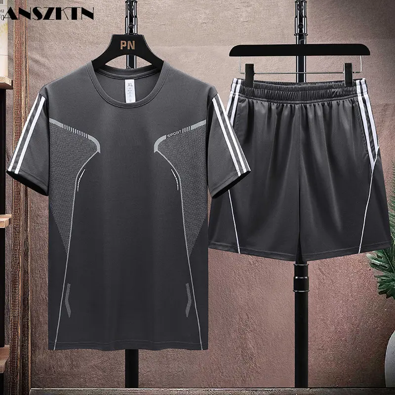 ANSZKTN Summer men's short sleeve T-shirt men's large size thin style shorts sportswear casual suit