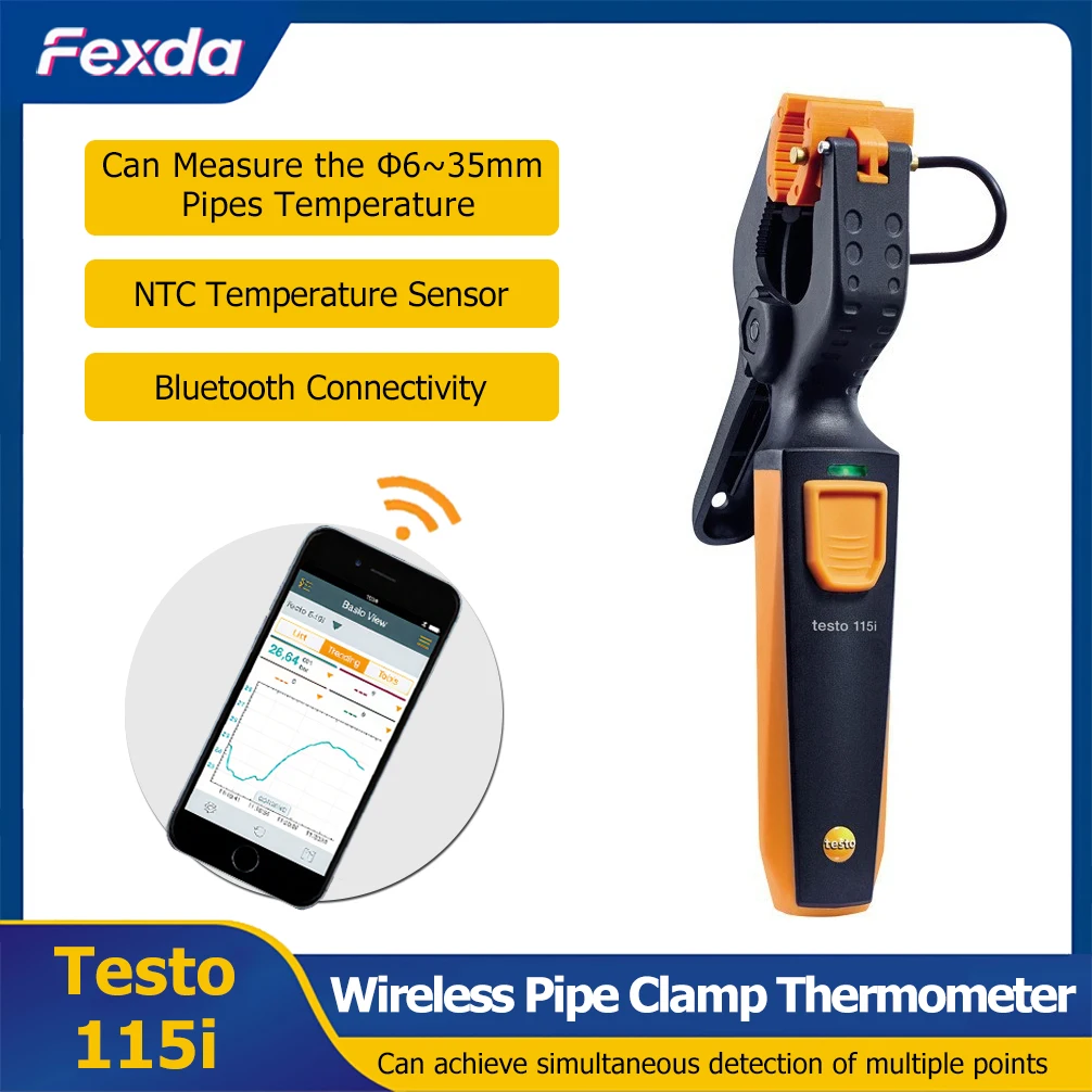 Testo 115i Kabelloses Rohrschellen-Thermometer, hochpräzises tragbares Intelligenz-Temperaturmessgerät, App-Steuerung