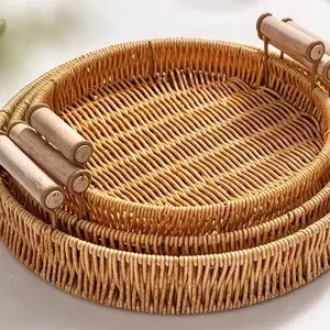 1PC Rattan Handle Store Basket Bread Snack Fruits Round Tray Picnic Fabric Storage Basket 10 Main Picnic Basket Sales - №2