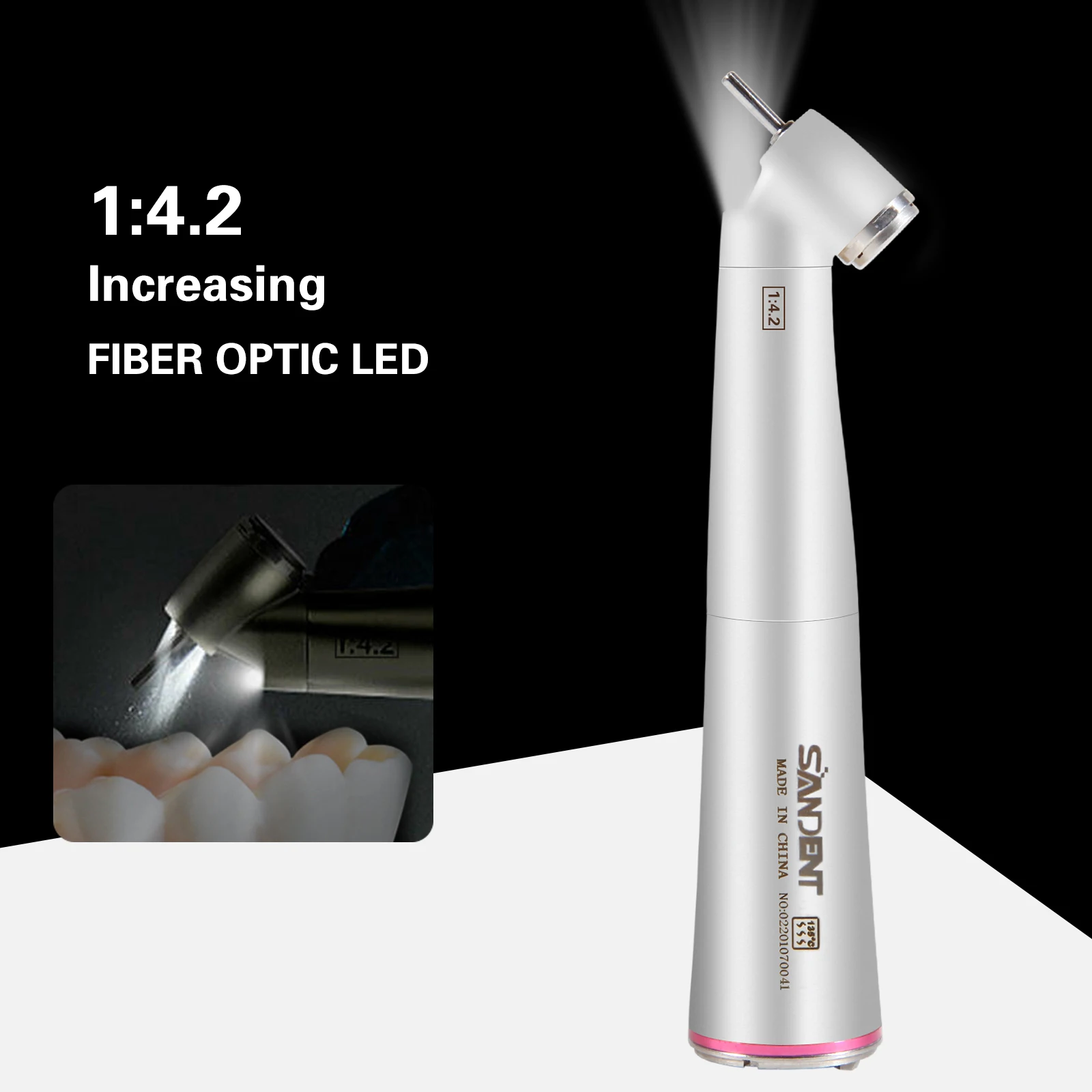 

SANDENT Dental 45 Degree LED Contra Angle Surgical Handpiece 1:4.2 Increasing Speed Turbine Push Button Inner Channel NSK Style