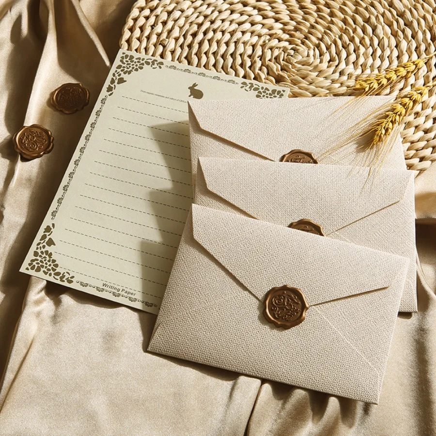 1set linen patterned envelope letter set vintage kraft paper invitation letter thank-you letter fire paint printed sticker