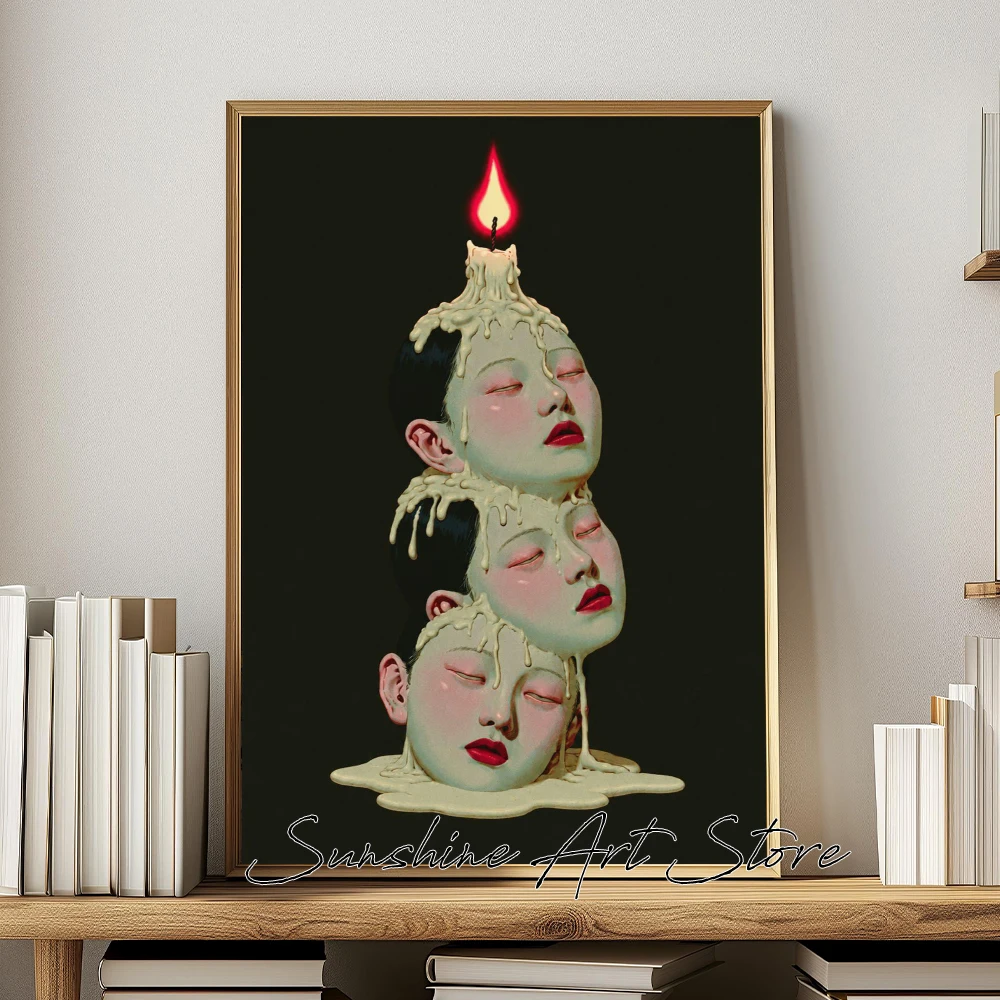 Faces Candle Stack Satin Poster Vintage Rotary Phone with Surreal Face Japandi Style Poster Canvas Painting Wall Pictures Decor