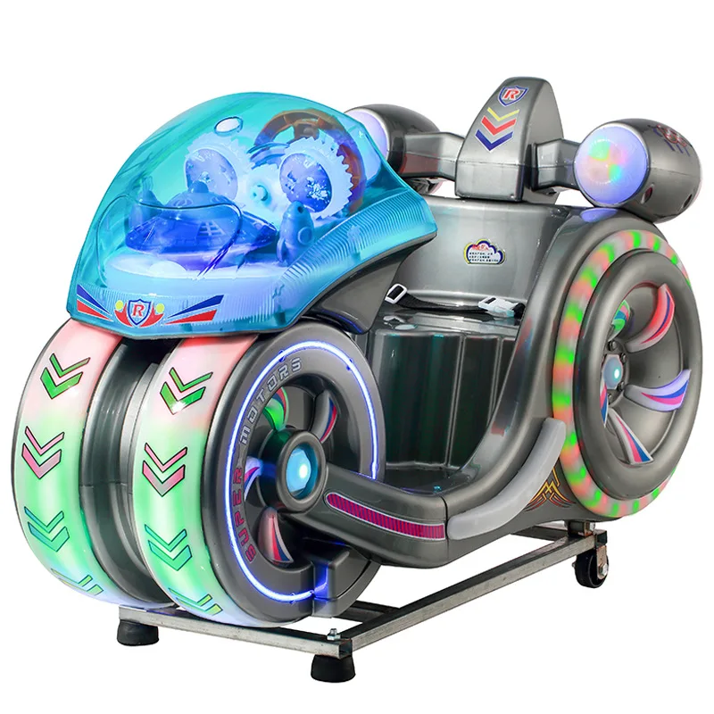 A coin-operated children's electric space motorcycle at the supermarket entrance