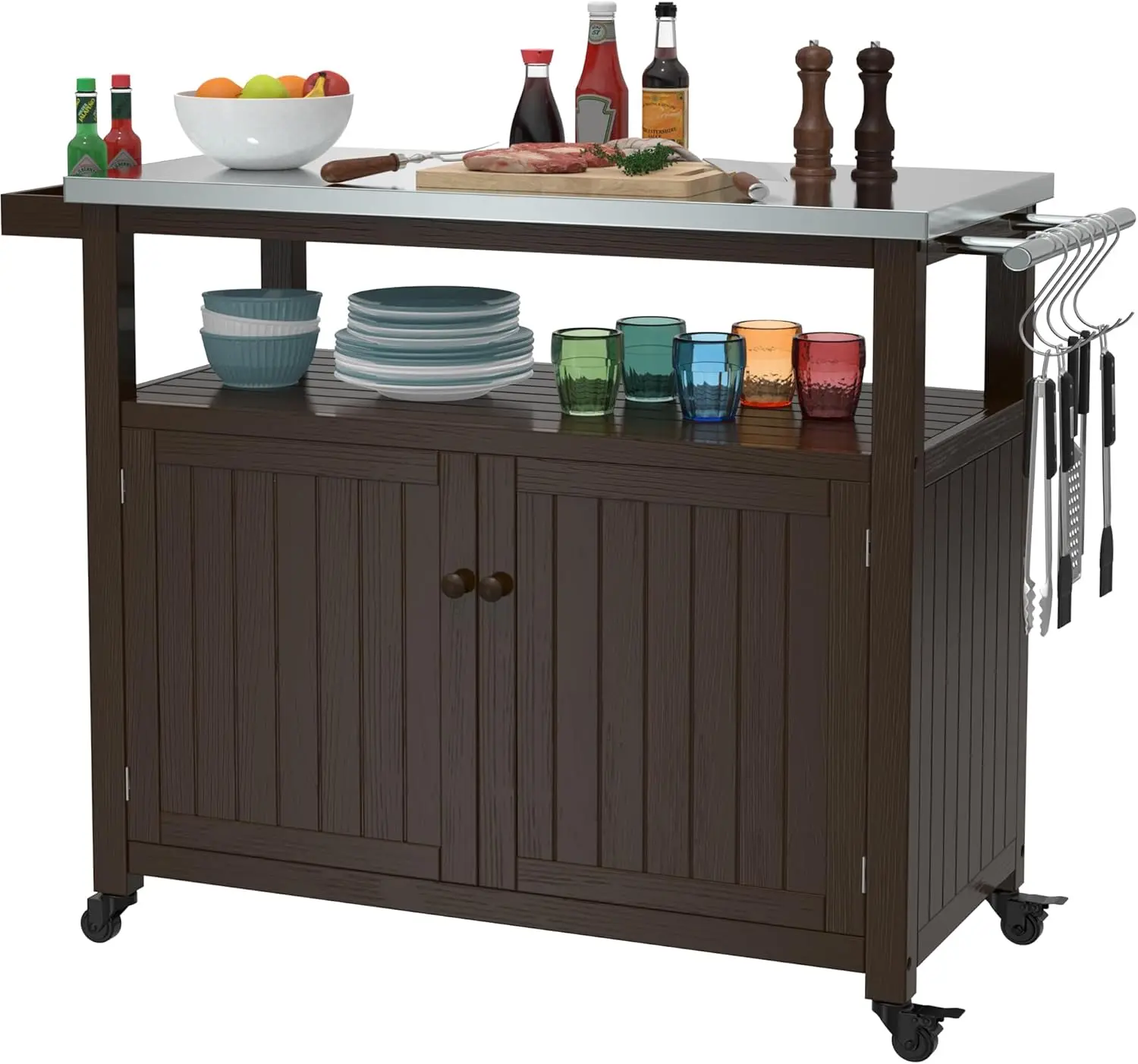 Storage Cabinet Solid Wood Prep Grill Table with Stainless Steel Top Waterproof Cover Dark Brown