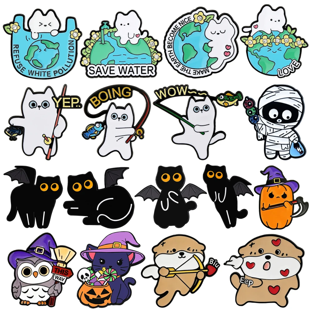 

Halloween Pumpkin Vampire Skull Owl Wizard Mummy Enamel Pins Cartoon Black Cat Ghost Earth Kitty Lapel Badges Shirts Accessories