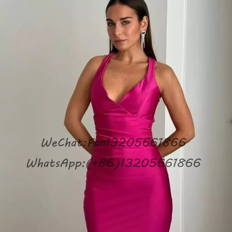 Fuchsia Long Mermaid Bridesmaid Dresses Criss-cross Backless V-neck Sleeveless Wedding Guest Dress Sexy Women Prom Party Gown