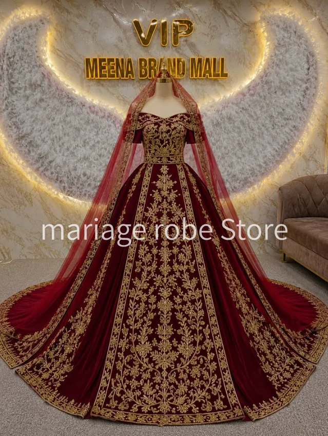Burgundy Velvet Princess Wedding Dresses Off Shoulder Luxury Gold Applique Nikkah Arabic Islam Bridal Gown Garment Customized