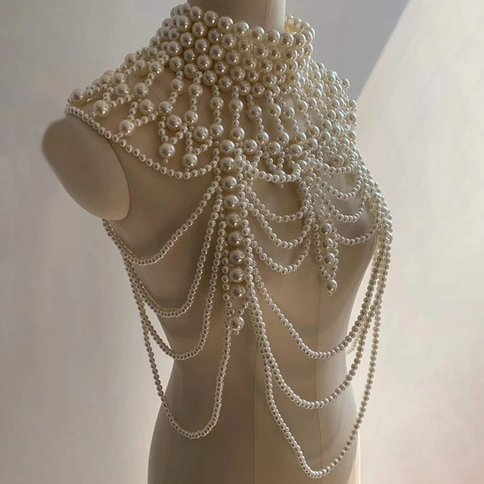 Palace Handmade Pearl Wedding Dress Body Chain Retro Sexy Hand-made Beaded Lolita Imitation Pearl Fringe Shawl Gown Necklace