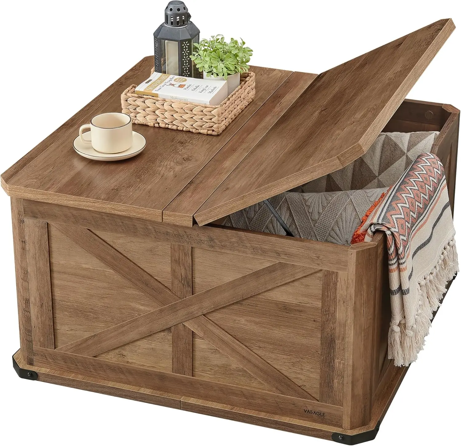 

Farmhouse Coffee Table with Storage, Square Center Table for Living Room, Hidden Compartment and Flip-Top Lids in Honey Brown