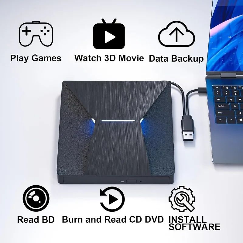 External Bluray CD DVD Drives USB3.0 and Type-C CD DVD Reader and Writter 3D Slim Optical CD Drive Compatible with Windows MacOS
