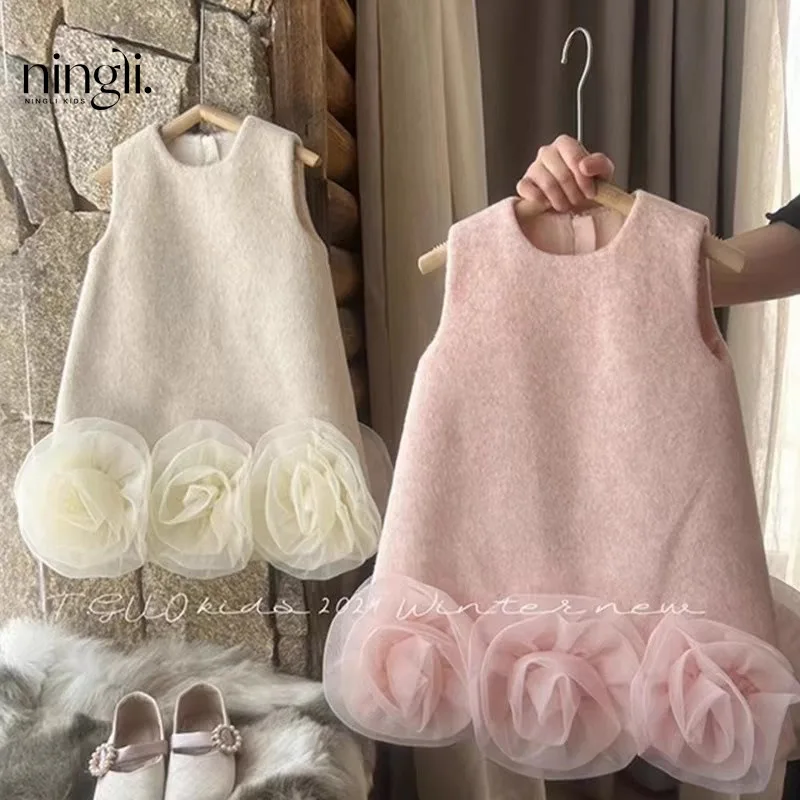 

South Korea Girls' Sundress2024Autumn and Winter New Children's Christmas New Year Woolen Skirt Large Flower Dress