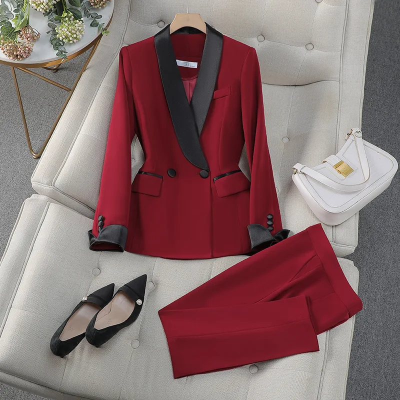 4XL Stock Autumn Winter Suit Coats Two Piece Set Women Blazer Skinny Pants Long Trousers Office Lady