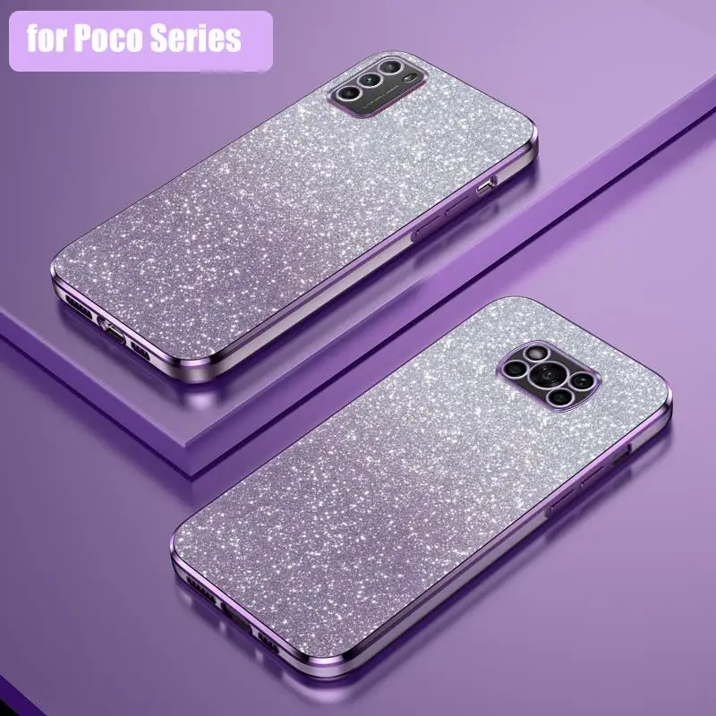 Pocox3 X3pro Luxury Glitter Gradient Plating Case For Xiaomi Mi Poco X3 Pro Nfc Gt 5g M3 M4 Women Silicone Shockproof Back Cover