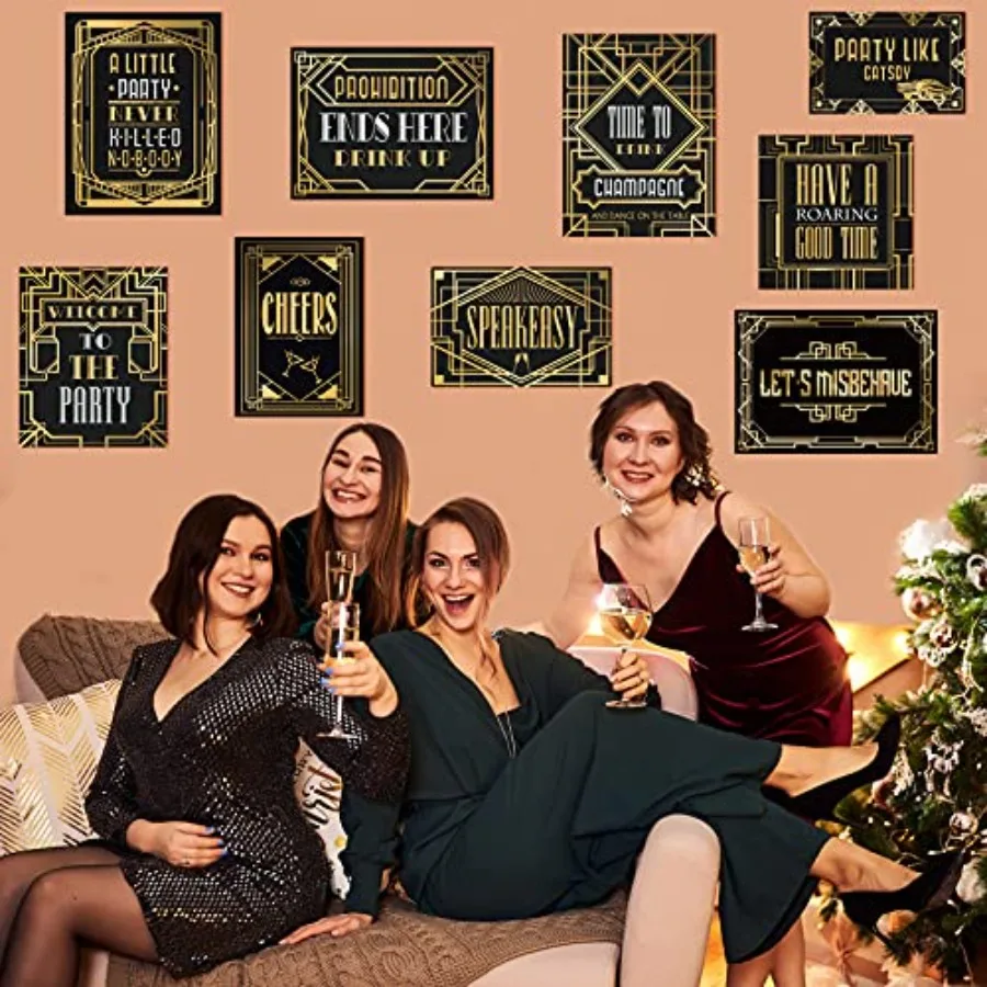 LINGXIU 9 قطع هداف 20s زينة الحفلات الأسود والذهبي ريترو حفلة الجاز هدير عشرينيات علامات الحائط مجموعة الزينة ل