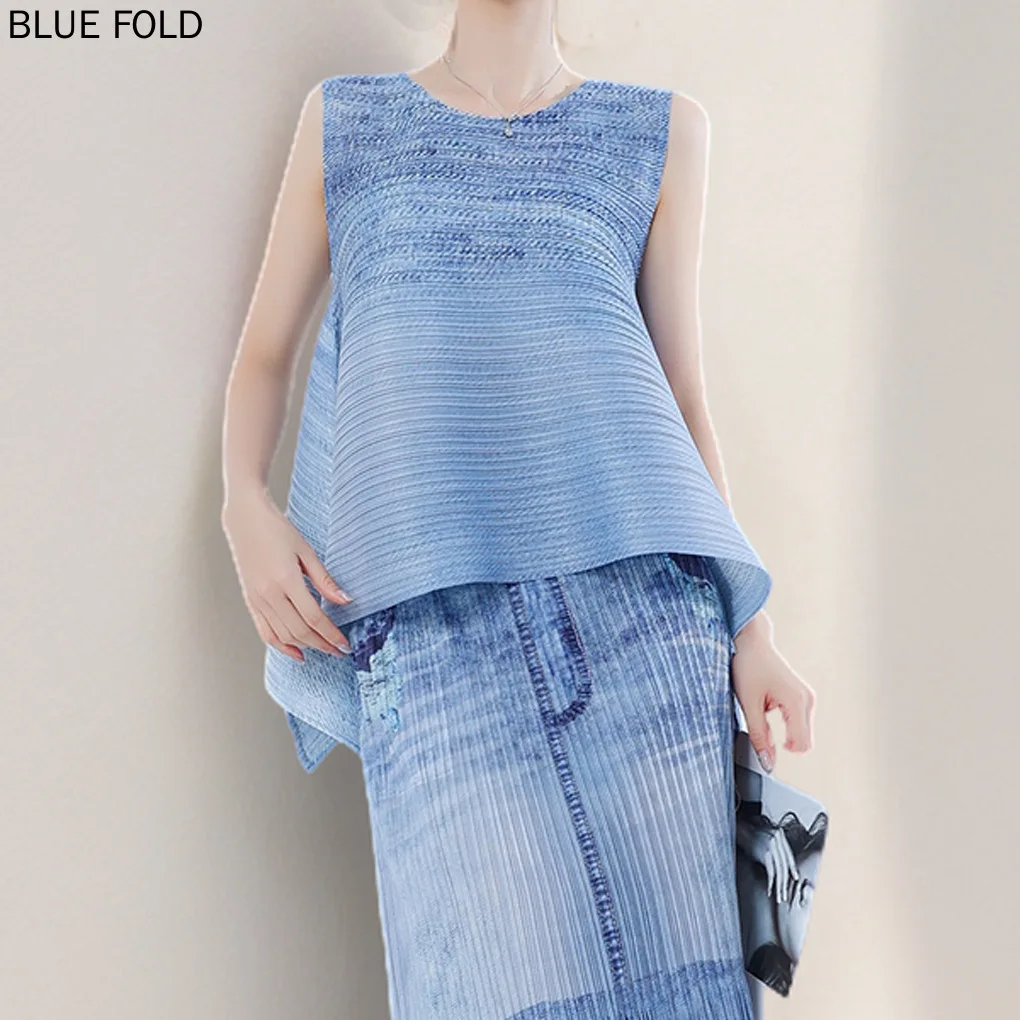 MIYAKE PLEATS Denim Suit for Women, Irregular Loose T-shirt Top, Tassel Wrap Hip Skirt, Summer Clothes, New, 2 Pcs Set