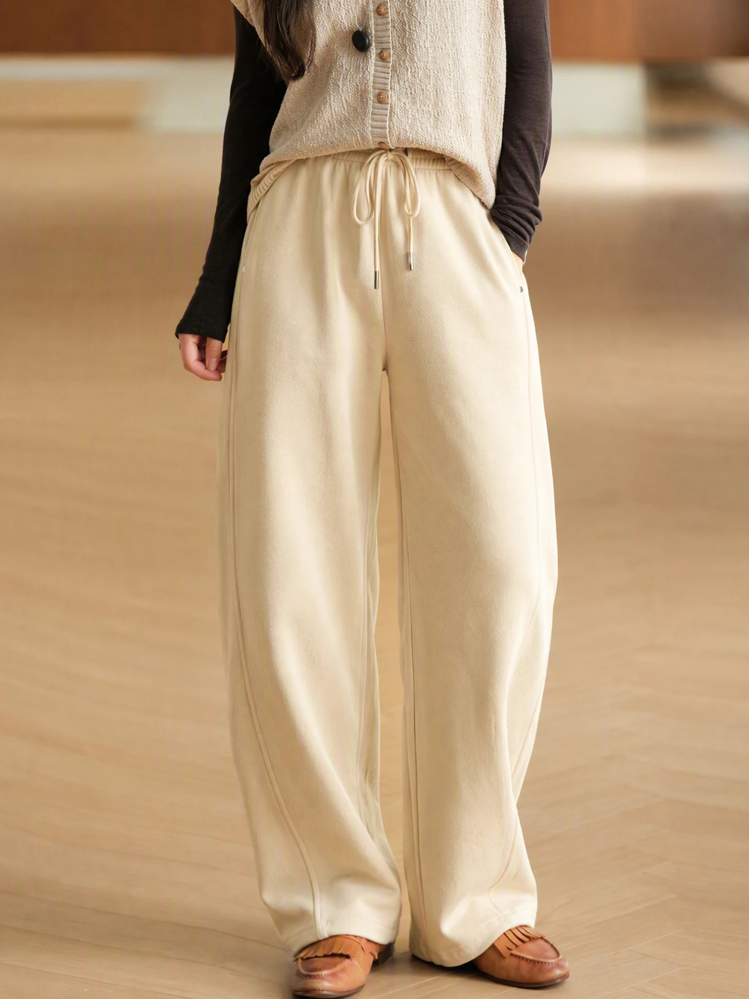 Heavy Duty Rivet Fixed Multi Line Elastic Waist Bend Knife Pants Women's Casual Straight Leg Trousers Polyester Blend Elasticity