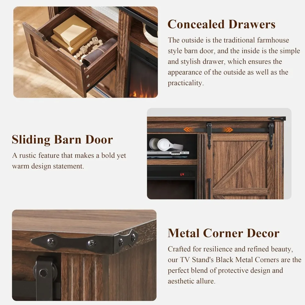 소박한 스타일의 75인치 이상 TV 스탠드, 32인치 높이의 엔터테인먼트 센터, 서랍 4개 및 슬라이딩 헛간 문 수납장 포함