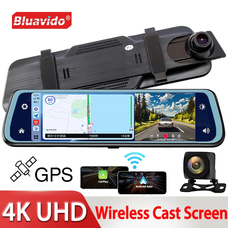 4K UHD 2160P Dash Cam Carplay Android Auto Stream Rear View Mirror GPS Navi 5G WIFI Car DVR Video Camera Recorder FM Transmitter